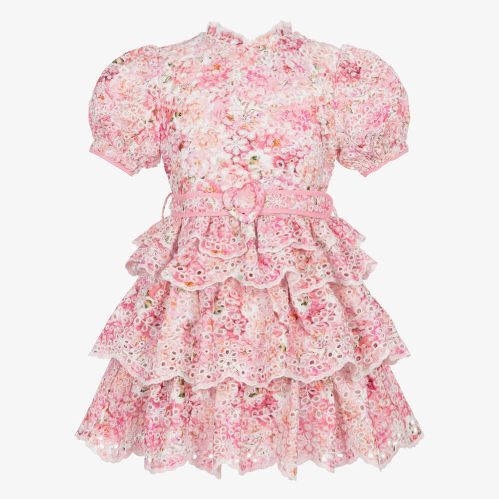 Marlo Kids-Girls Pink Floral Print Broderie Anglaise Cotton Dress | Childrensalon Outlet