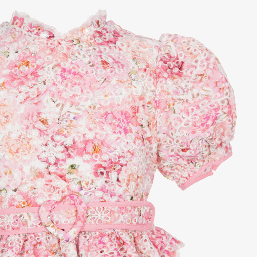 Marlo Kids-Girls Pink Floral Print Broderie Anglaise Cotton Dress | Childrensalon Outlet