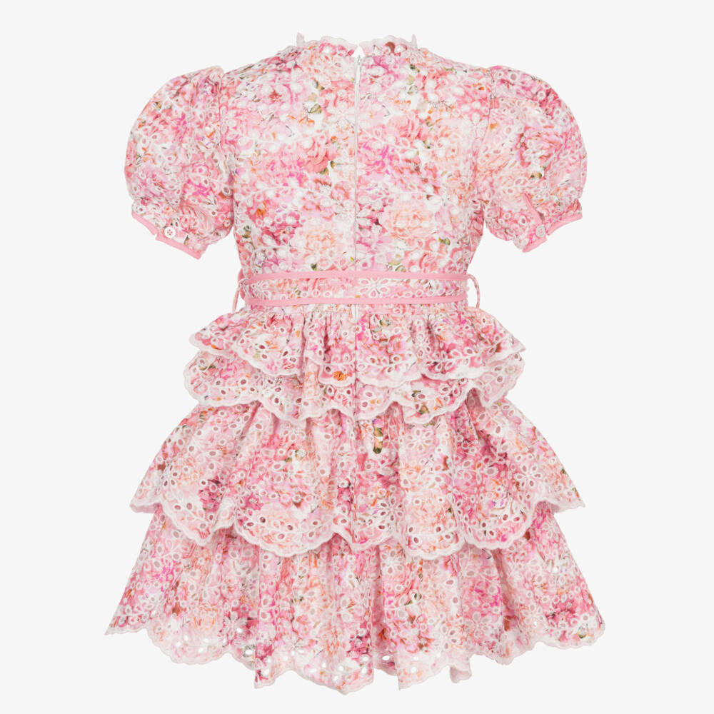 Marlo Kids-Girls Pink Floral Print Broderie Anglaise Cotton Dress | Childrensalon Outlet