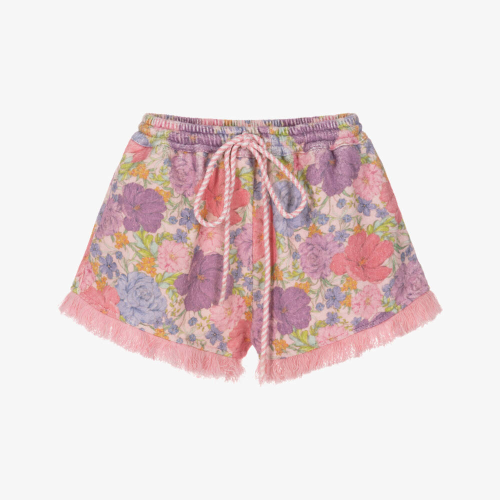 Marlo Kids-Girls Pink Floral Towelling Shorts with Fringing | Childrensalon Outlet