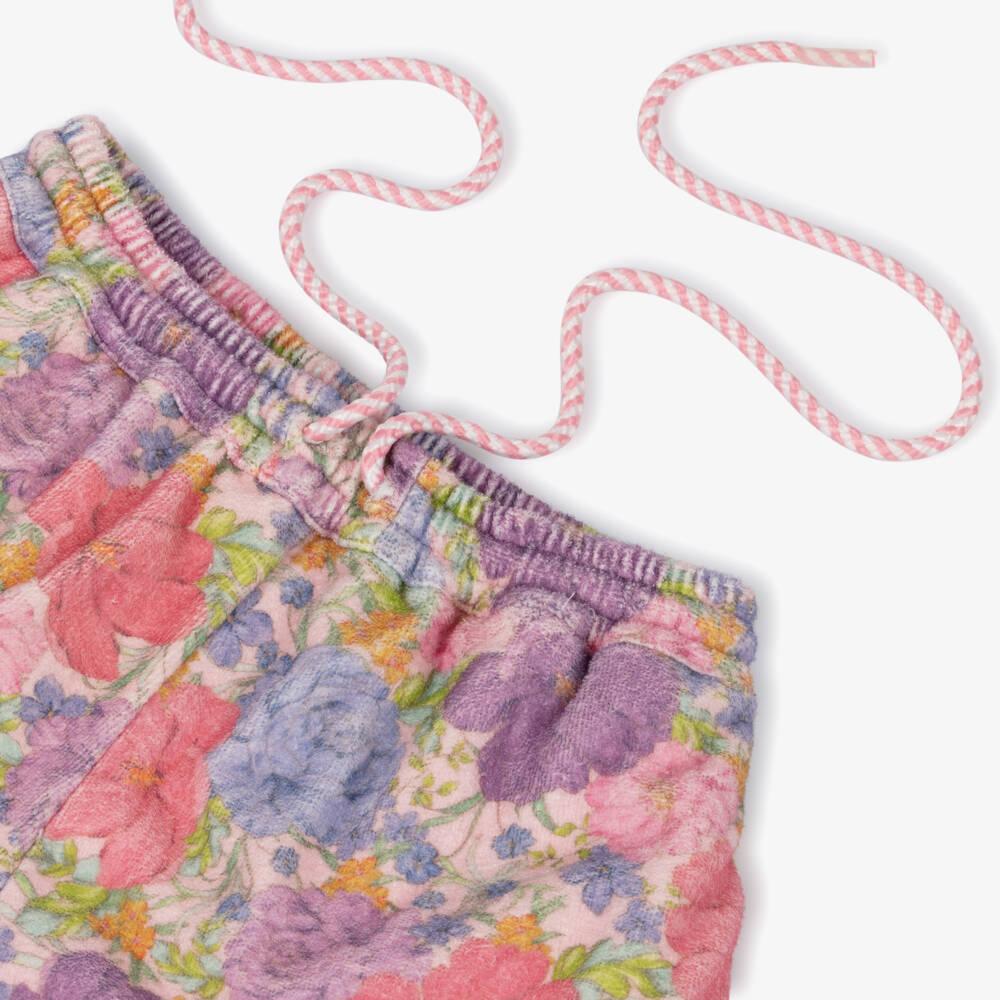 Marlo Kids-Girls Pink Floral Towelling Shorts with Fringing | Childrensalon Outlet