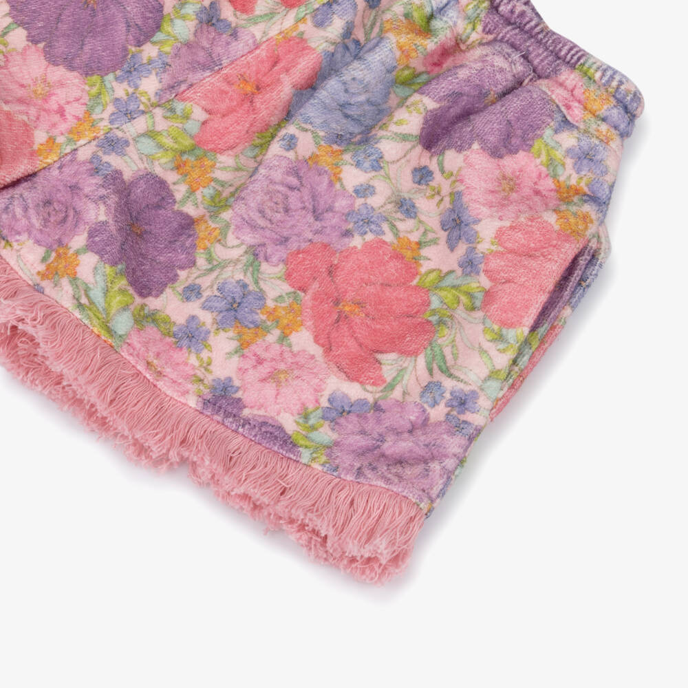 Marlo Kids-Girls Pink Floral Towelling Shorts with Fringing | Childrensalon Outlet