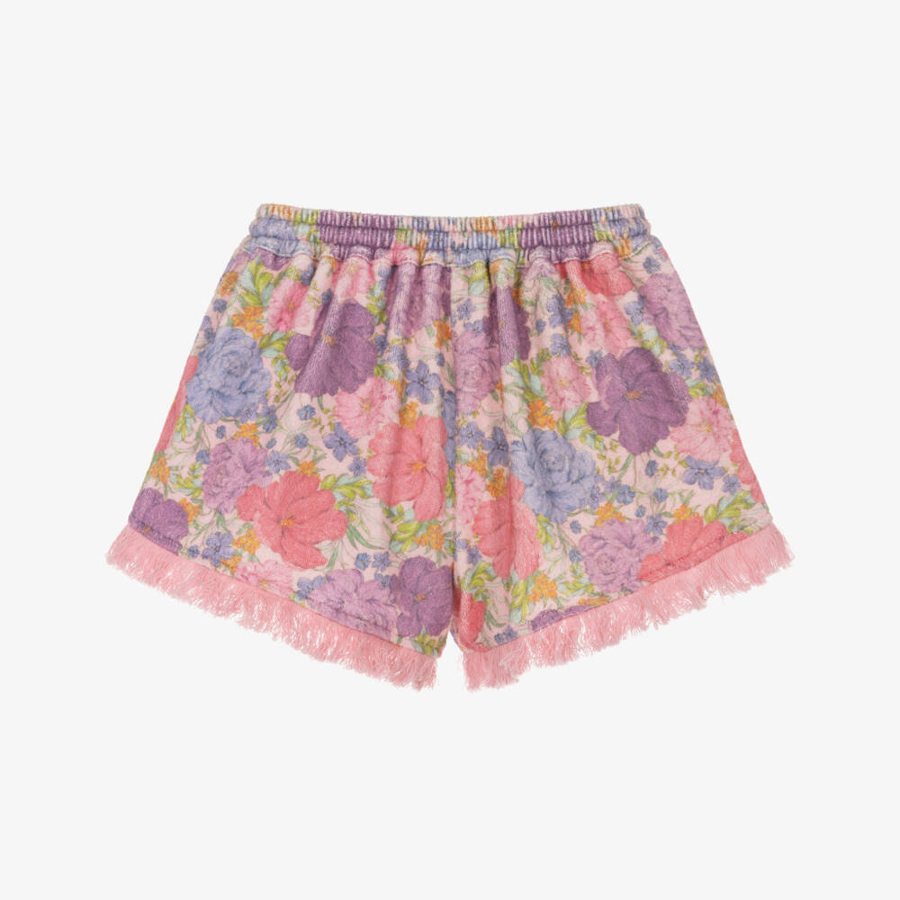 Marlo Kids-Girls Pink Floral Towelling Shorts with Fringing | Childrensalon Outlet