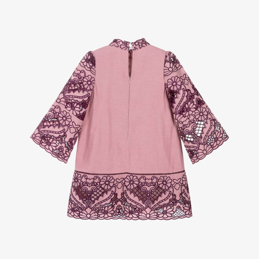 Marlo Kids-Girls Pink Linen & Cotton Dress with Purple Embroidery | Childrensalon Outlet