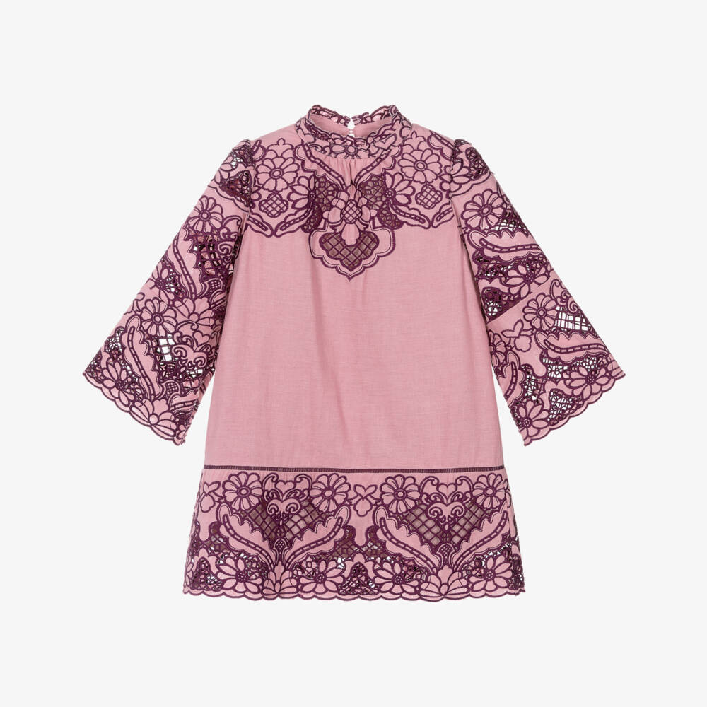 Marlo Kids-Girls Pink Linen & Cotton Dress with Purple Embroidery | Childrensalon Outlet