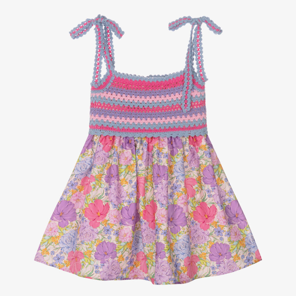 Marlo Kids-Girls Pink & Purple Cotton Floral Crochet & Poplin Dress | Childrensalon Outlet