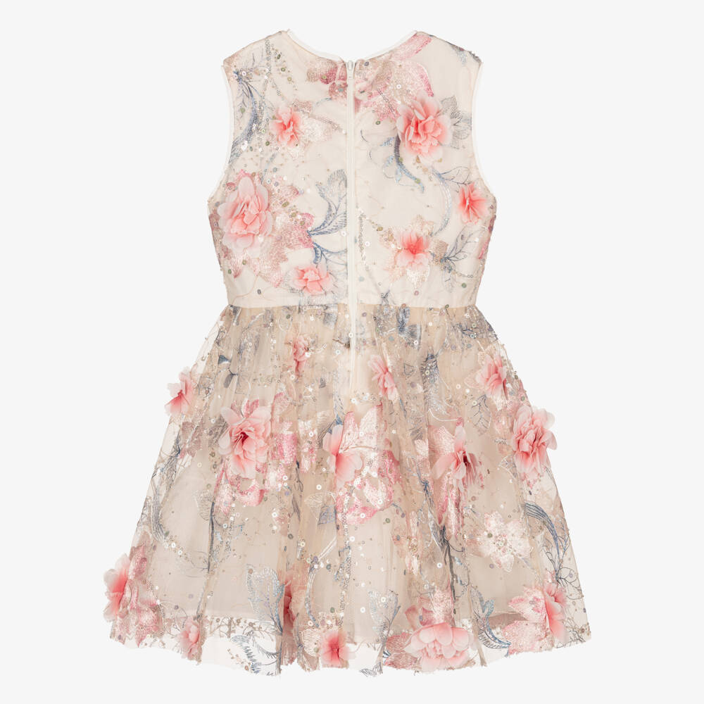 Marlo Kids-Girls Pink Tulle Dress with Embroidered Florals & Sequins | Childrensalon Outlet