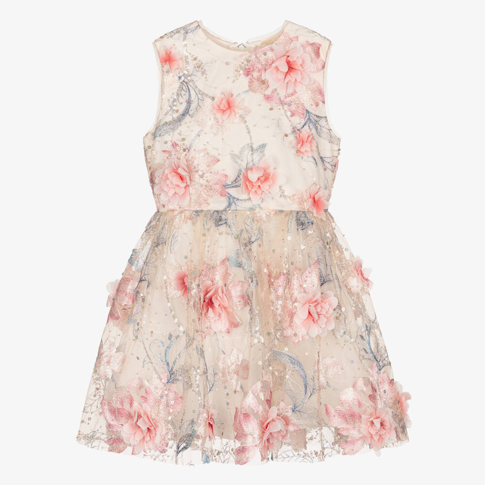 Marlo Kids-Girls Pink Tulle Dress with Embroidered Florals & Sequins | Childrensalon Outlet