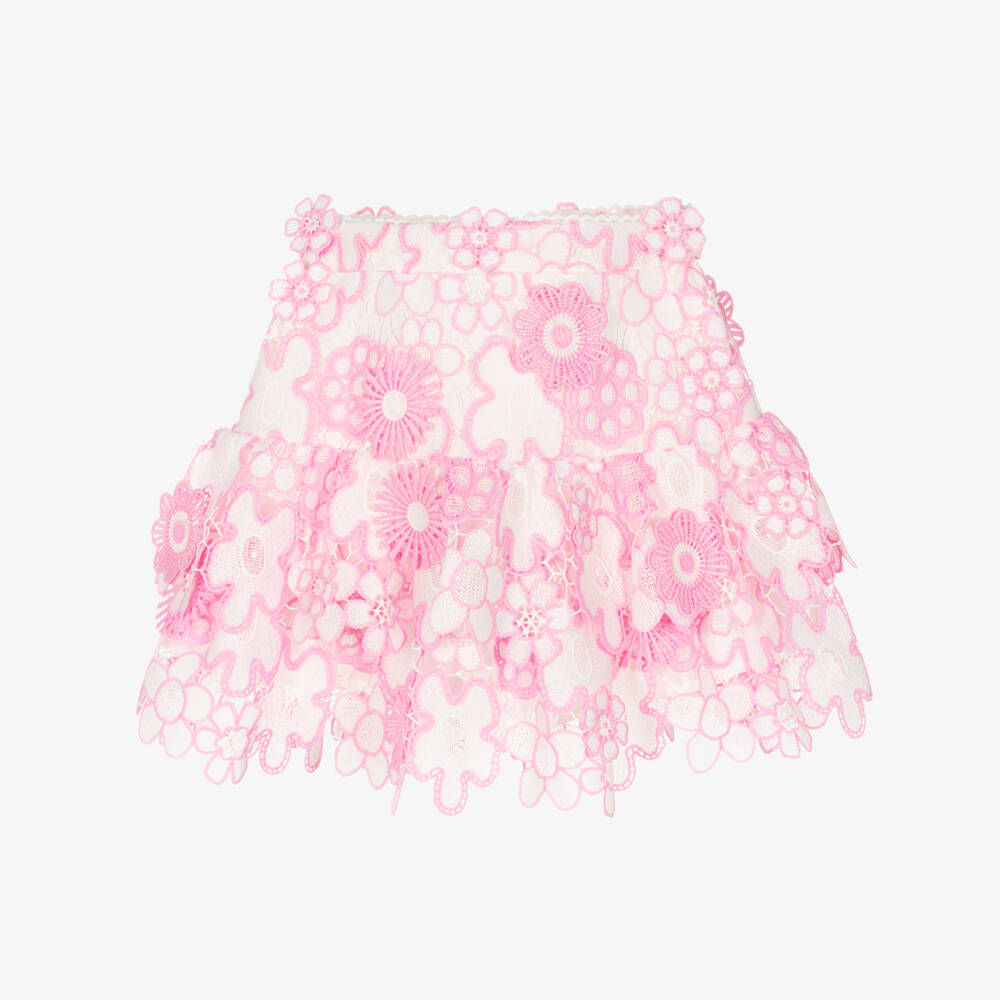 Marlo Kids-Girls Pink & White Floral Guipure Skirt | Childrensalon Outlet