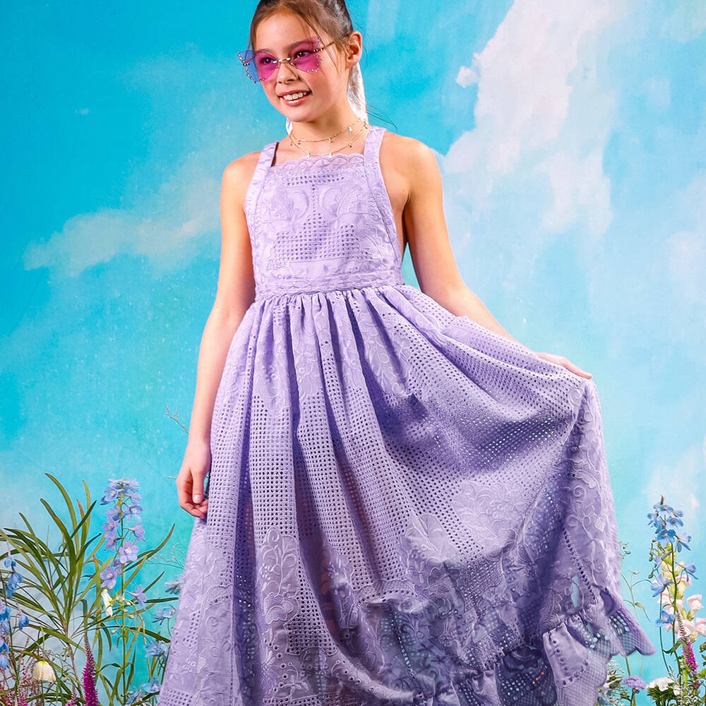 Marlo Kids-Girls Purple Embroidered Cutwork Dress | Childrensalon Outlet
