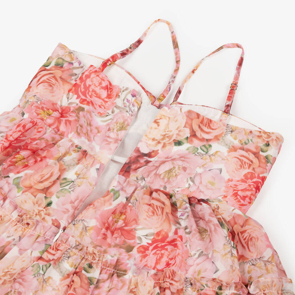 Marlo Kids-Girls Red & Pink Floral Silk Chiffon Maxi Dress | Childrensalon Outlet