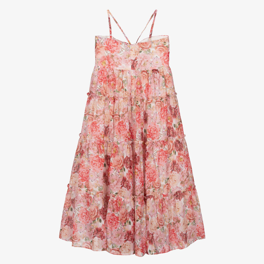 Marlo Kids-Girls Red & Pink Floral Silk Chiffon Maxi Dress | Childrensalon Outlet