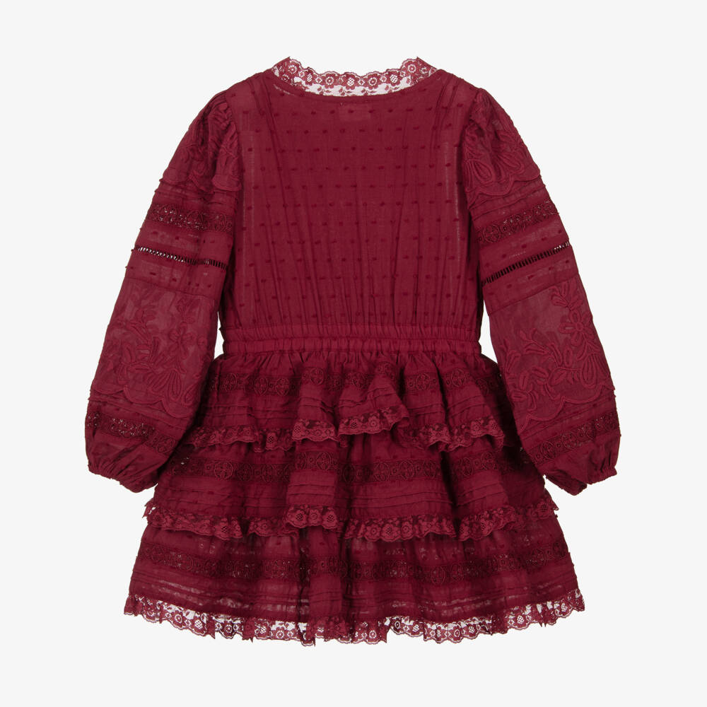 Marlo Kids-Girls Red Silk & Cotton Tiered Dress with Floral Embroidery | Childrensalon Outlet