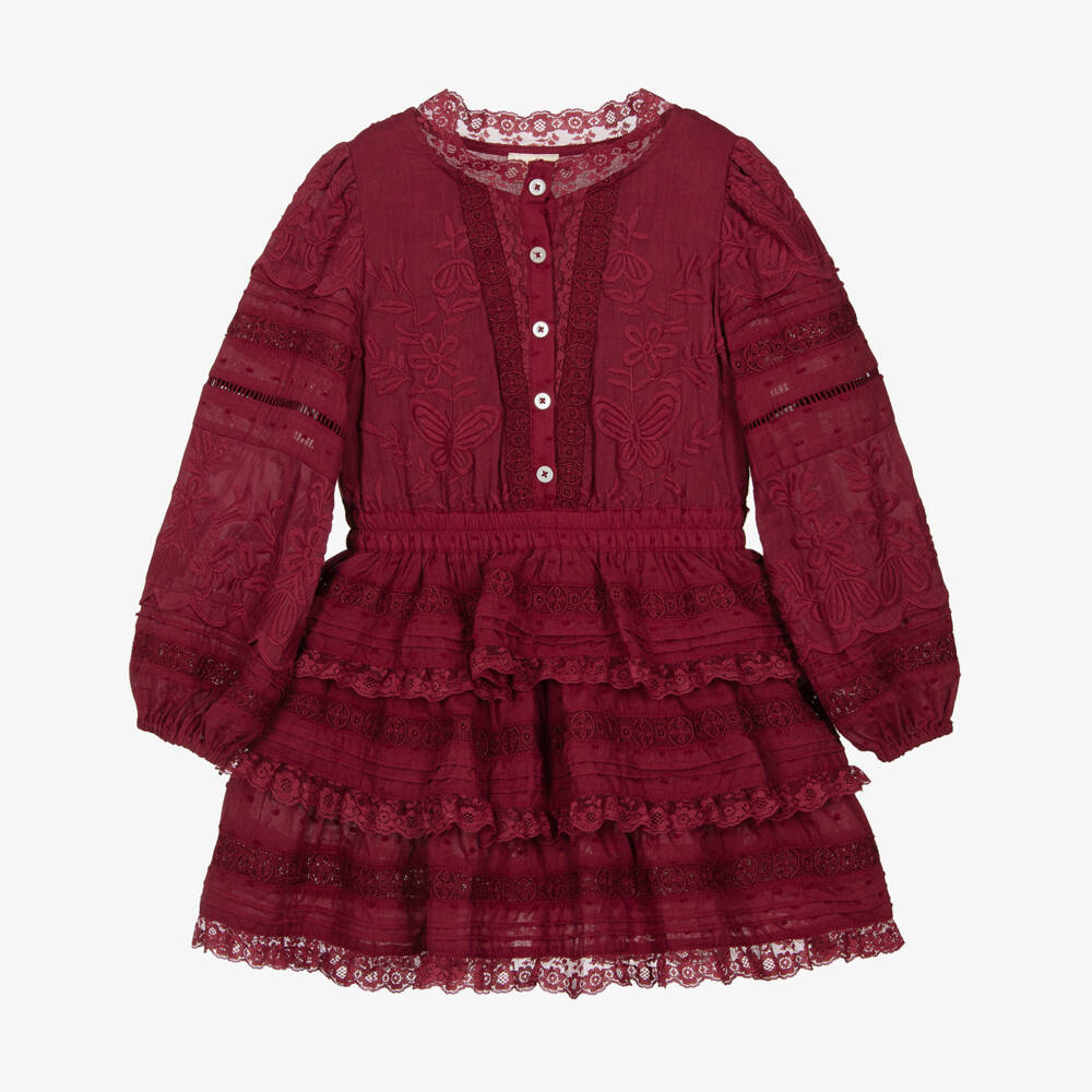 Marlo Kids-Girls Red Silk & Cotton Tiered Dress with Floral Embroidery | Childrensalon Outlet