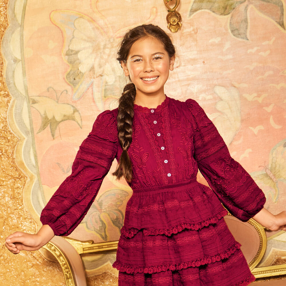 Marlo Kids-Girls Red Silk & Cotton Tiered Dress with Floral Embroidery | Childrensalon Outlet