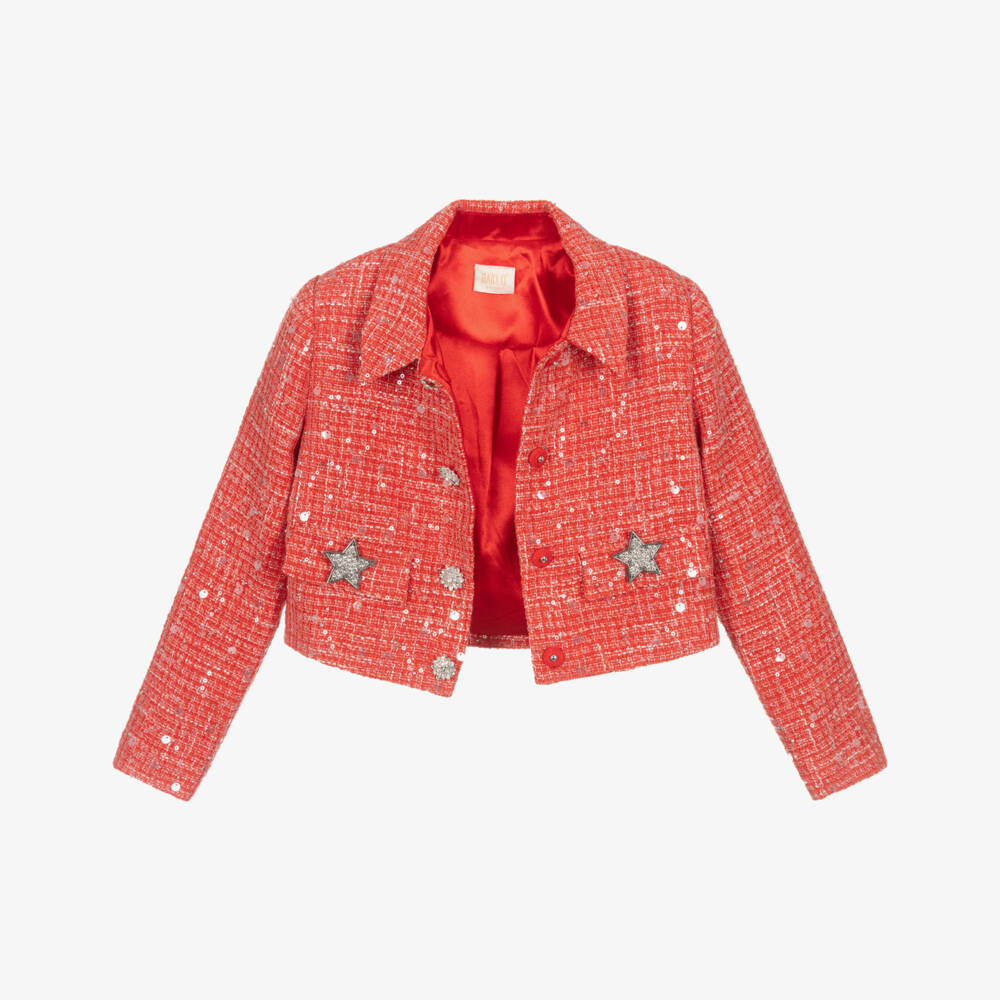 Marlo Kids-Girls Red Tweed Jacket with Sequins & Diamantés | Childrensalon Outlet