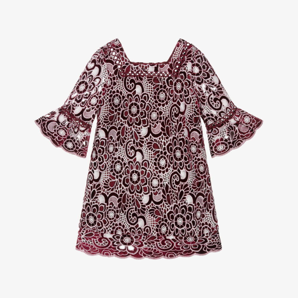 Marlo Kids-Girls Red Velour Dress with Embroidered Floral Cutwork | Childrensalon Outlet