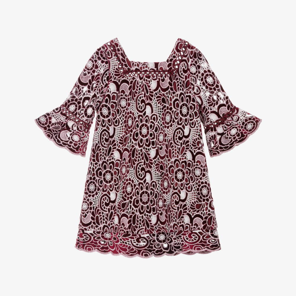 Marlo Kids-Girls Red Velour Dress with Embroidered Floral Cutwork | Childrensalon Outlet