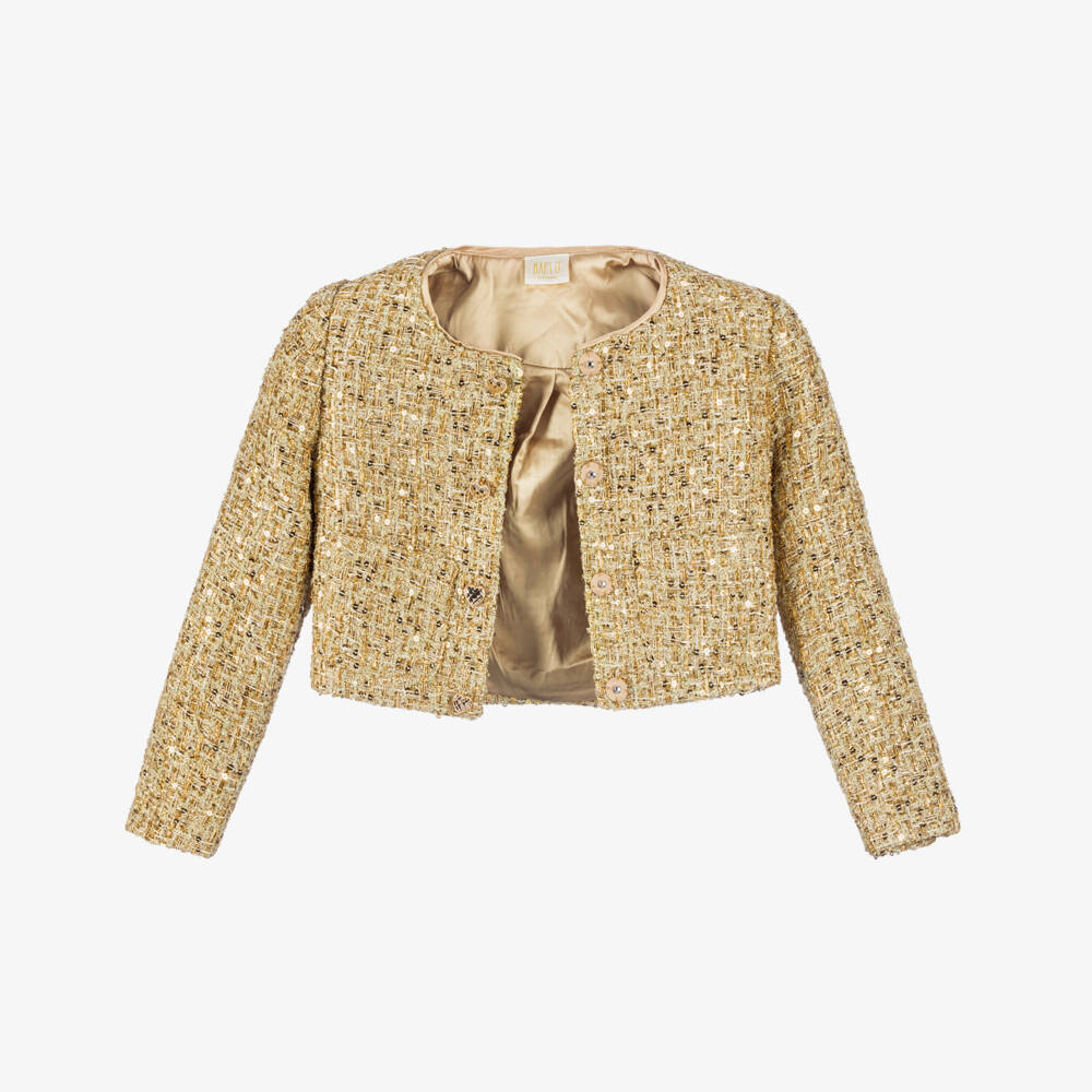 Marlo Kids-Girls Sparkly Gold Sequin Tweed Jacket | Childrensalon Outlet