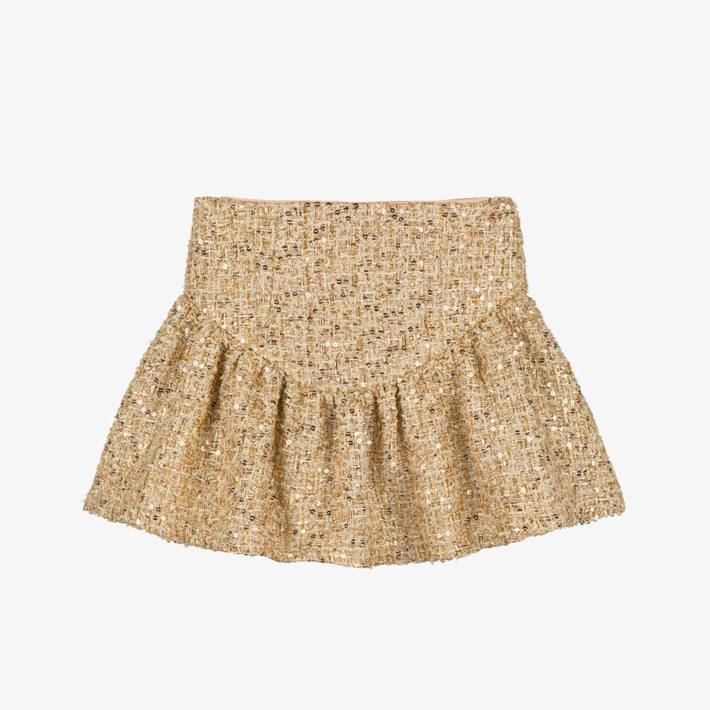 Marlo Kids-Girls Sparkly Gold Sequin Tweed Skirt | Childrensalon Outlet