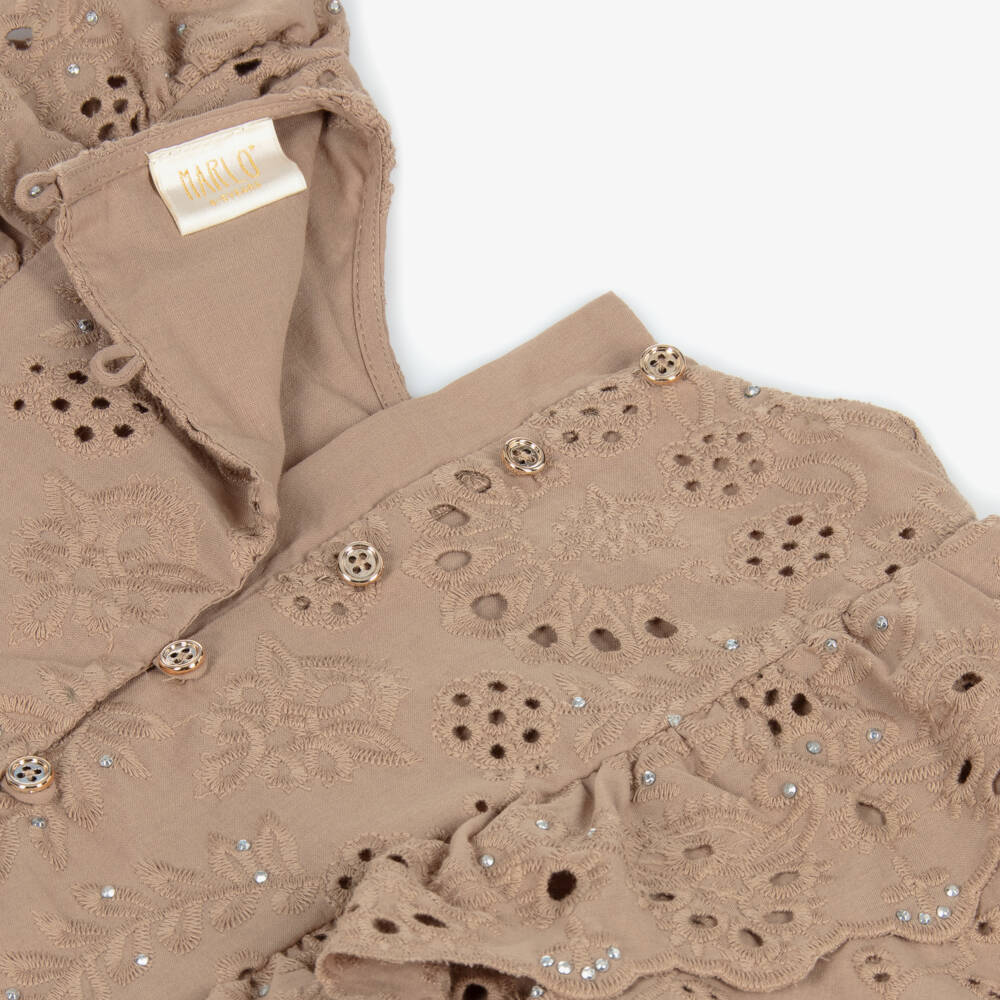 Marlo Kids-Girls Taupe Brown Cotton Broderie Anglaise Blouse | Childrensalon Outlet