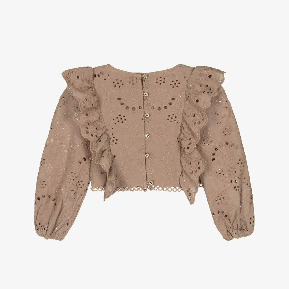Marlo Kids-Girls Taupe Brown Cotton Broderie Anglaise Blouse | Childrensalon Outlet