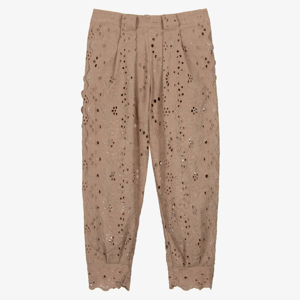 Marlo Kids-Girls Taupe Brown Cotton Broderie Anglaise Trousers | Childrensalon Outlet