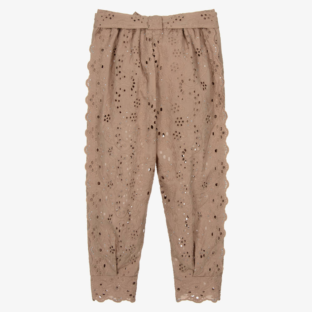 Marlo Kids-Girls Taupe Brown Cotton Broderie Anglaise Trousers | Childrensalon Outlet
