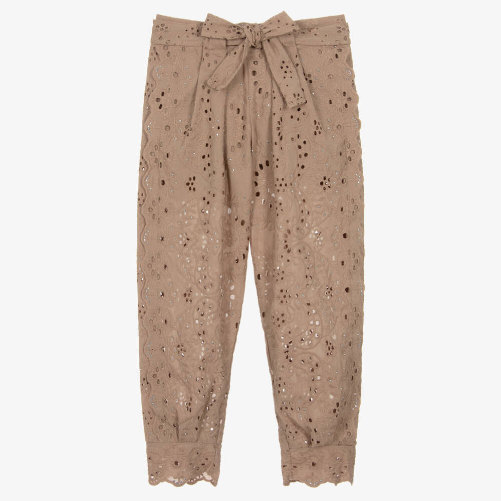 Marlo Kids-Girls Taupe Brown Cotton Broderie Anglaise Trousers | Childrensalon Outlet
