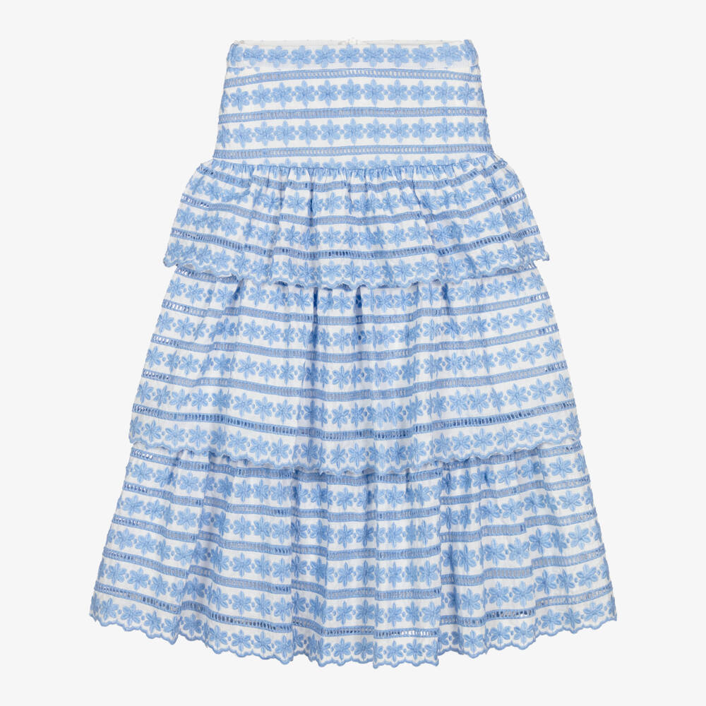 Marlo Kids-Girls White & Blue Floral Embroidered Maxi Skirt | Childrensalon Outlet