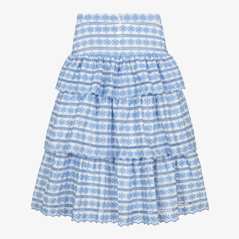 Marlo Kids-Girls White & Blue Floral Embroidered Maxi Skirt | Childrensalon Outlet