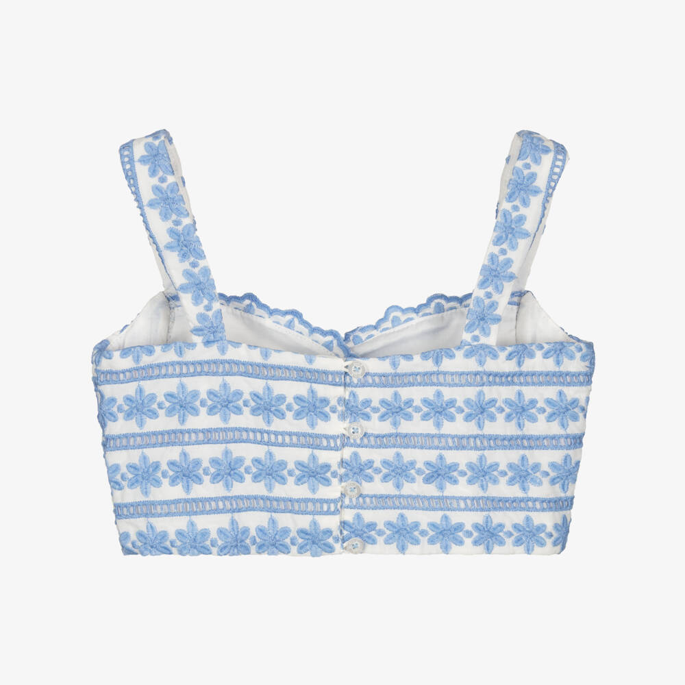 Marlo Kids-Girls White & Blue Floral Embroidered Top | Childrensalon Outlet