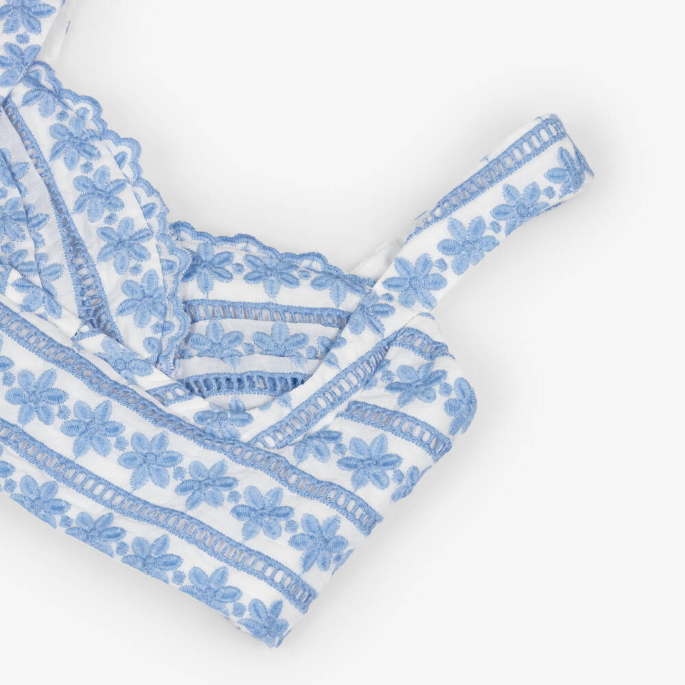 Marlo Kids-Girls White & Blue Floral Embroidered Top | Childrensalon Outlet