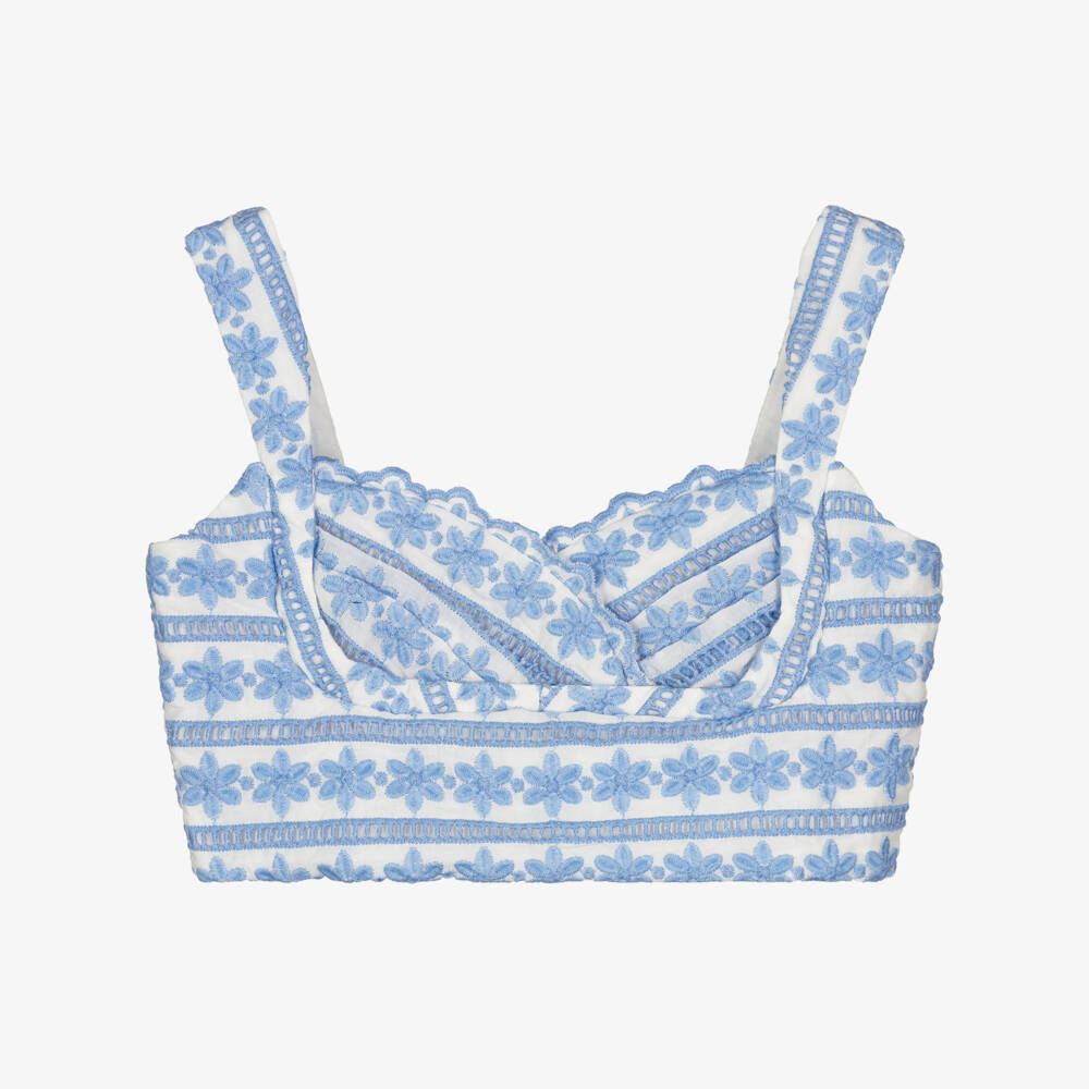 Marlo Kids-Girls White & Blue Floral Embroidered Top | Childrensalon Outlet