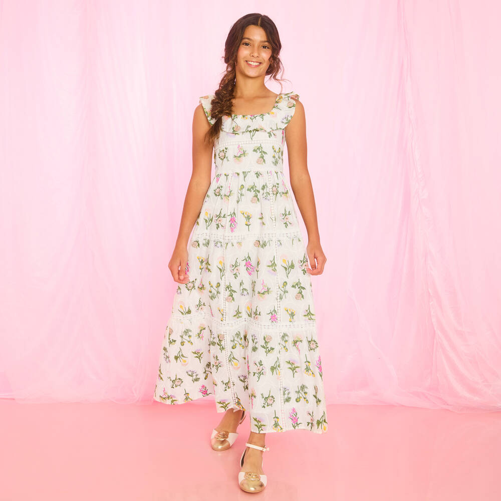 Marlo Kids-Girls White Embroidered Floral Cotton Maxi Dress | Childrensalon Outlet