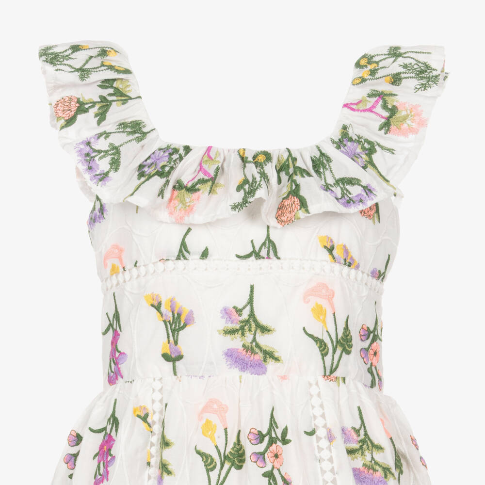 Marlo Kids-Girls White Embroidered Floral Cotton Maxi Dress | Childrensalon Outlet