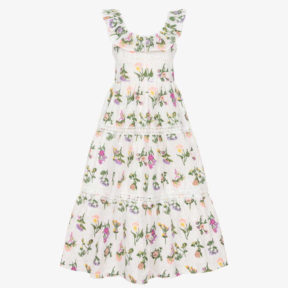 Marlo Kids-Girls White Embroidered Floral Cotton Maxi Dress | Childrensalon Outlet