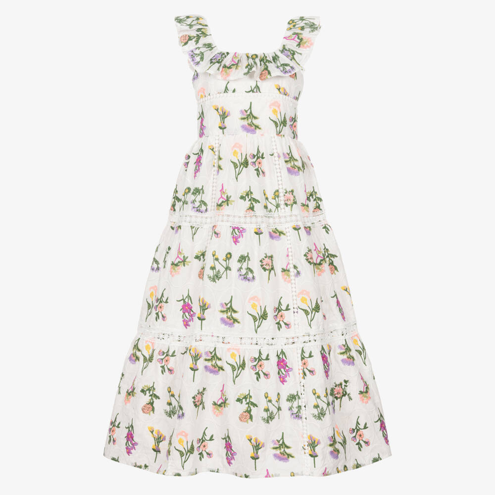 Marlo Kids-Girls White Embroidered Floral Cotton Maxi Dress | Childrensalon Outlet