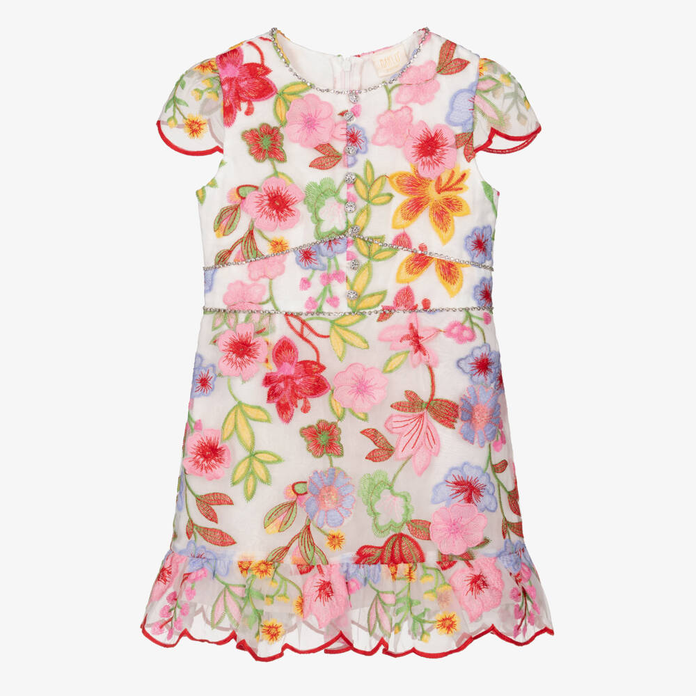Marlo Kids-Girls White Embroidered Floral Organza Dress | Childrensalon Outlet