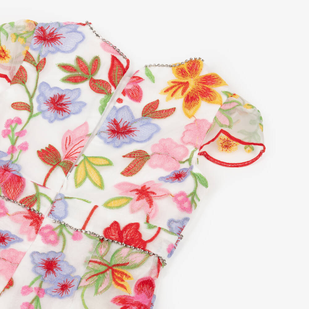 Marlo Kids-Girls White Embroidered Floral Organza Dress | Childrensalon Outlet