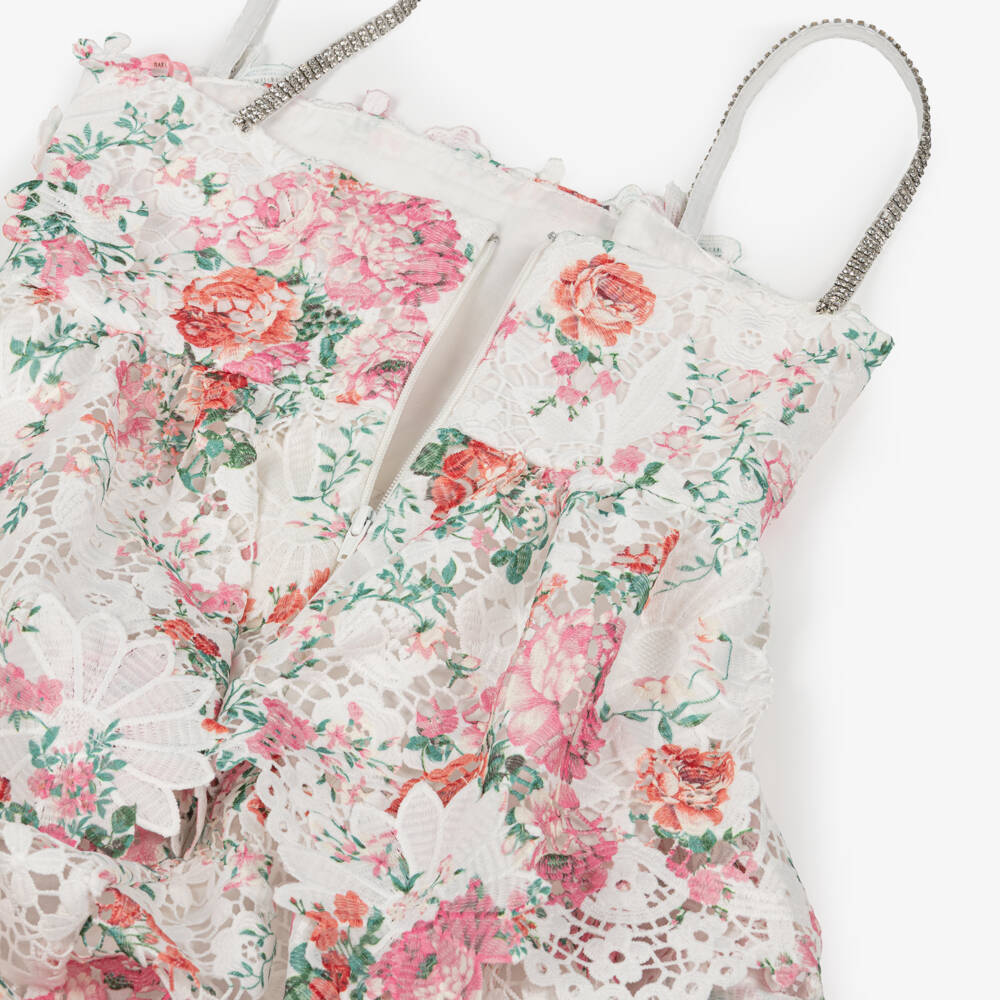Marlo Kids-Girls White Tiered Lace Maxi Dress with Pink Floral Pattern | Childrensalon Outlet