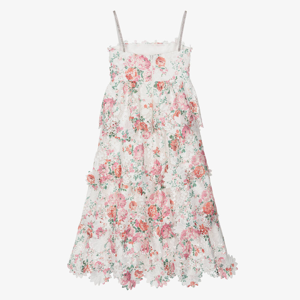 Marlo Kids-Girls White Tiered Lace Maxi Dress with Pink Floral Pattern | Childrensalon Outlet