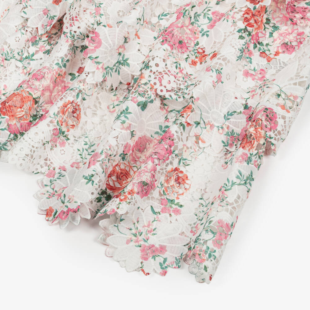 Marlo Kids-Girls White Tiered Lace Maxi Dress with Pink Floral Pattern | Childrensalon Outlet