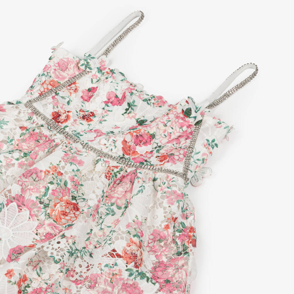 Marlo Kids-Girls White Tiered Lace Maxi Dress with Pink Floral Pattern | Childrensalon Outlet