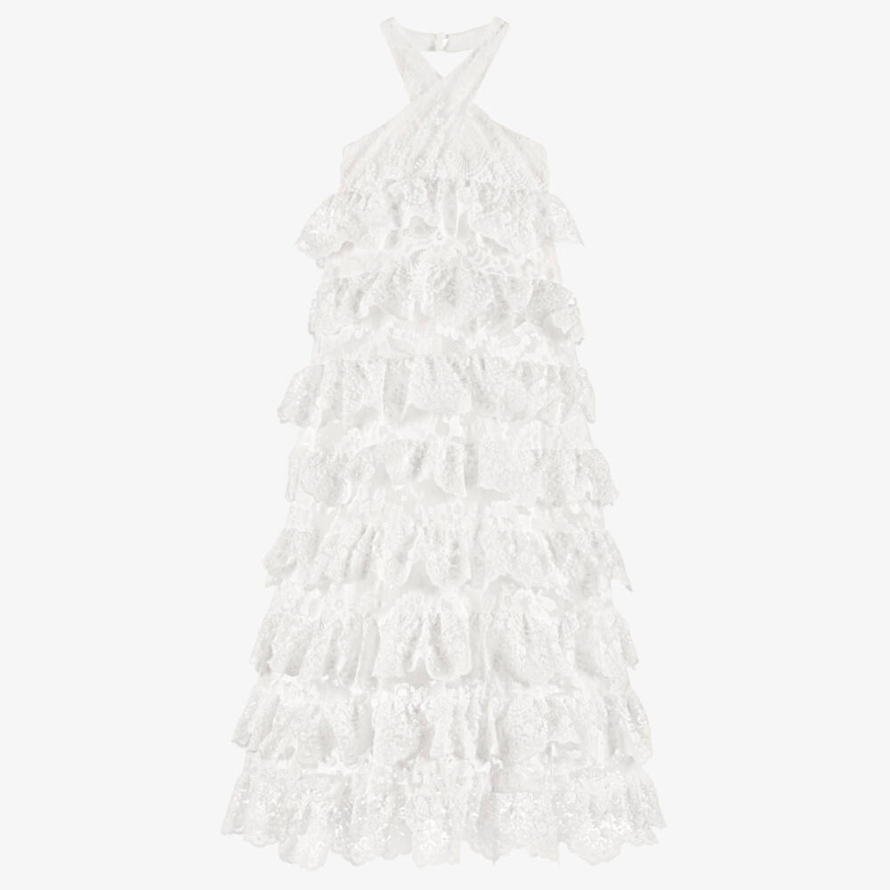 Marlo Kids-Girls White Tiered Lace Ruffle Maxi Dress | Childrensalon Outlet
