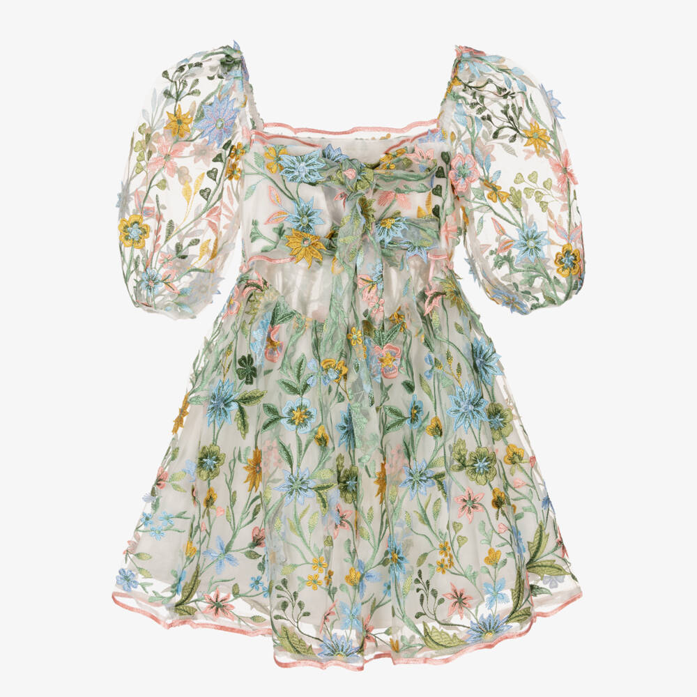 Marlo Kids-Girls White Tulle Dress with Floral Embroidery | Childrensalon Outlet