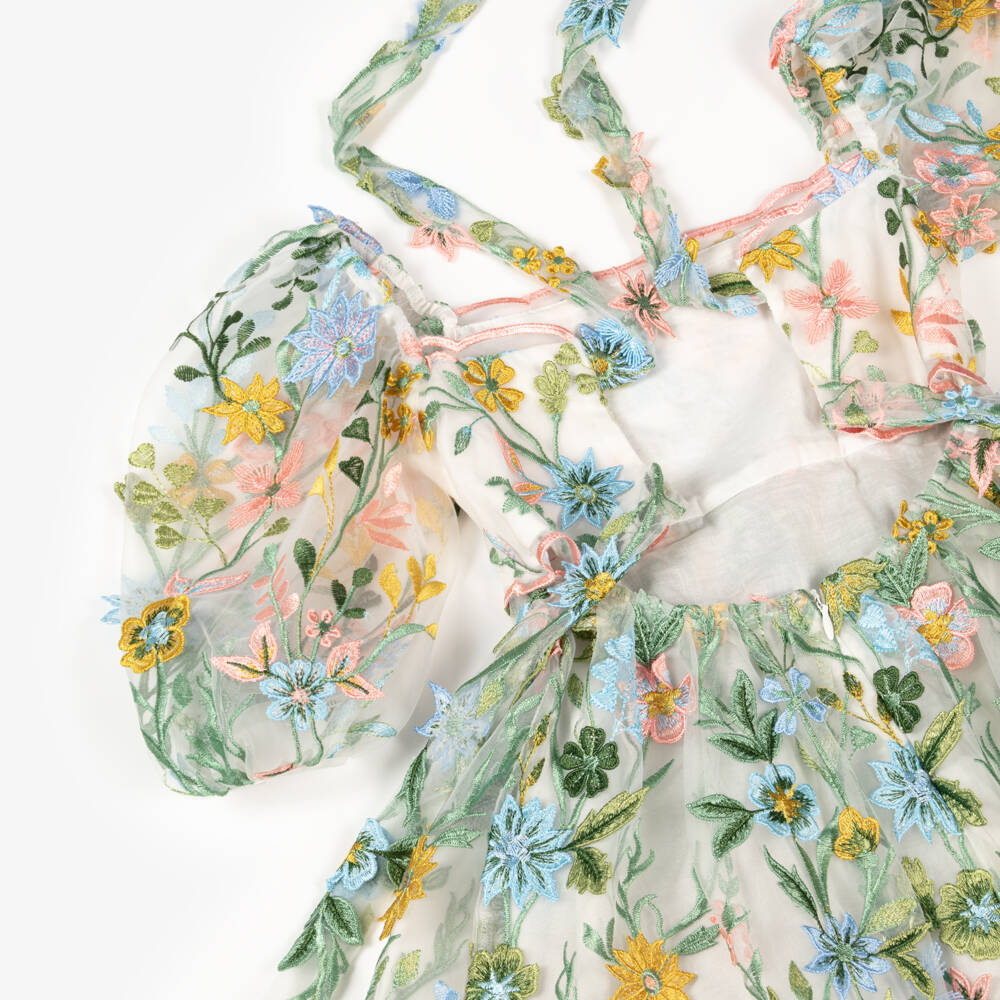 Marlo Kids-Girls White Tulle Dress with Floral Embroidery | Childrensalon Outlet