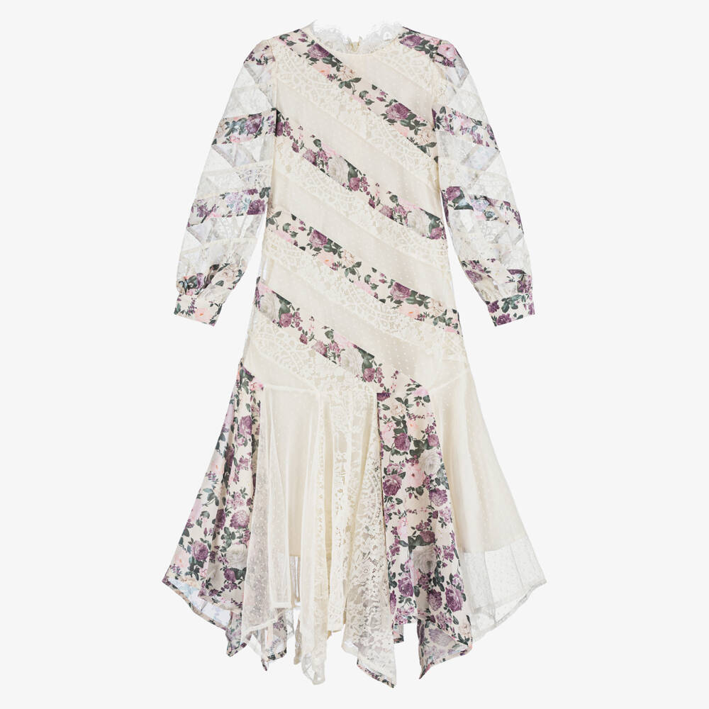 Marlo Kids-Ivory Purple Floral Lace Maxi Dress | Childrensalon Outlet
