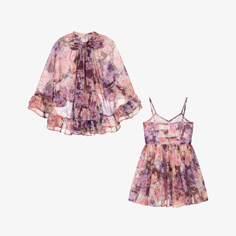 Marlo Kids-Purple Floral Cape Dress | Childrensalon Outlet