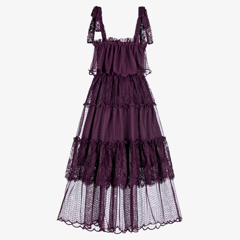 Marlo Kids-Purple Plum Tulle Tiered Lace Strappy Dress | Childrensalon Outlet